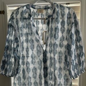 Tahari Navy Leaf-Print V-Neck Tunic